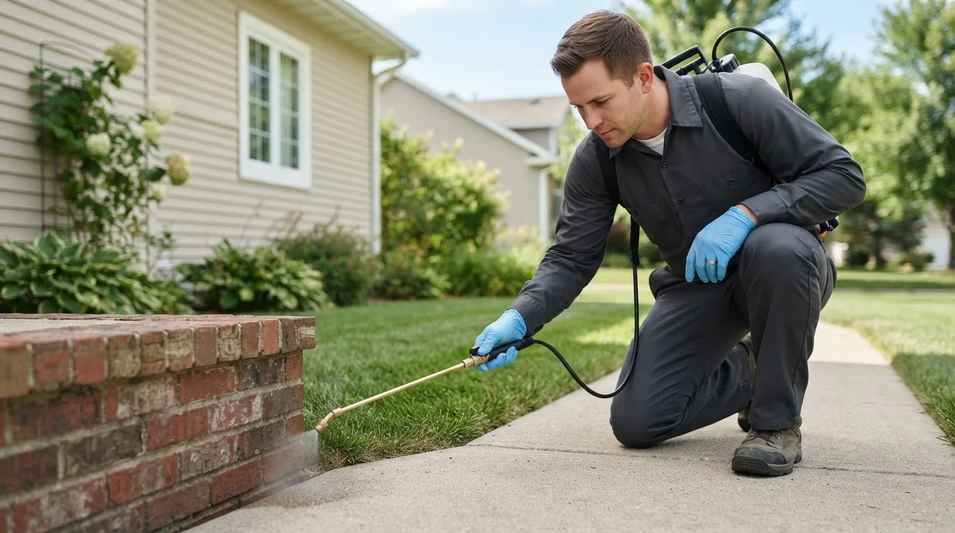 Pest control technician treating a home near Clifford, ND